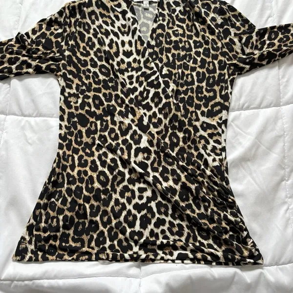 Chaus New York Womens Size Small‎ Cheetah Print Wrap Blouse 3/4 Sleeve Vintage - Image 2