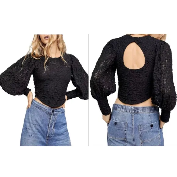 free people lace black open cutout back puff sleeve crop top - Image 2
