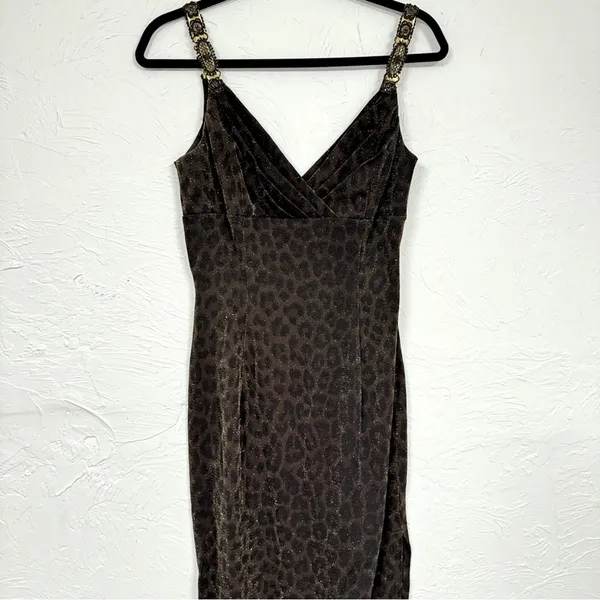Vintage Scott McClintock Brown Leopard Maxi Dress Womens 6 Formal Glitter Y2K - Image 3
