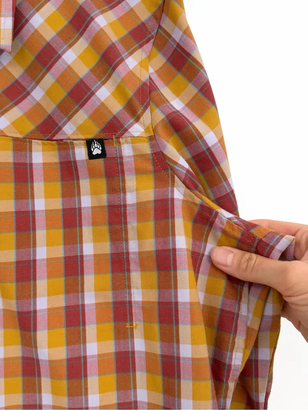 DULUTH TRADING CO Women's AKHG Midnight Sun Shirt Red Yellow Orange Plaid XL - Image 2