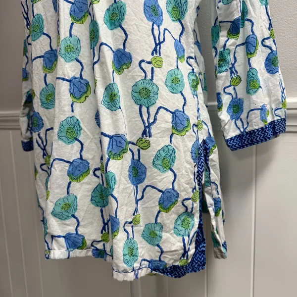 Gretchen Scott Long Sleeve Tunic Top Blouse Floral Blue Green Cotton Medium - Image 5