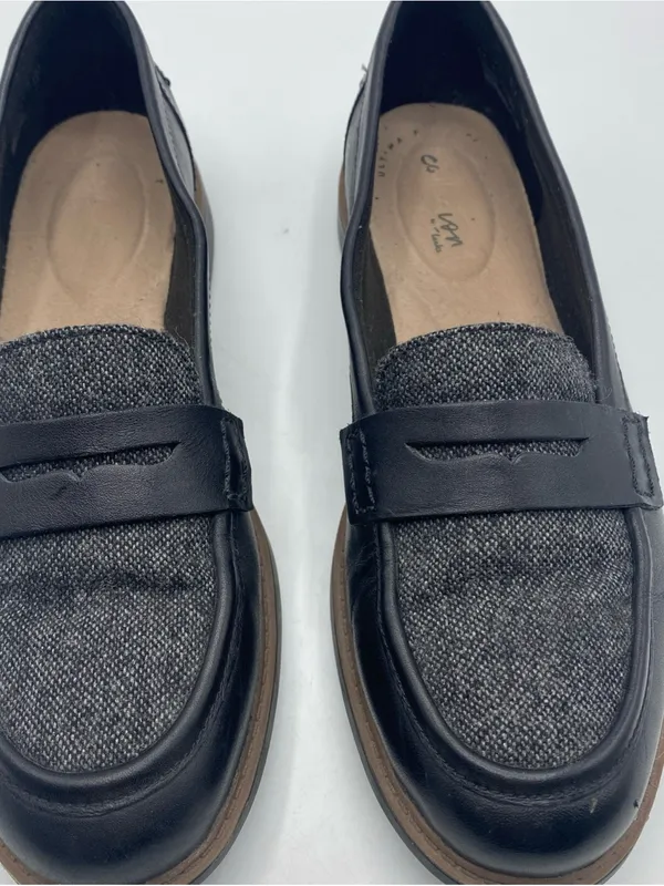 Clarks Raisie Aletta Black Leather Gray Tweed Slip-On Penny Loafers 7M Cushion - Image 9