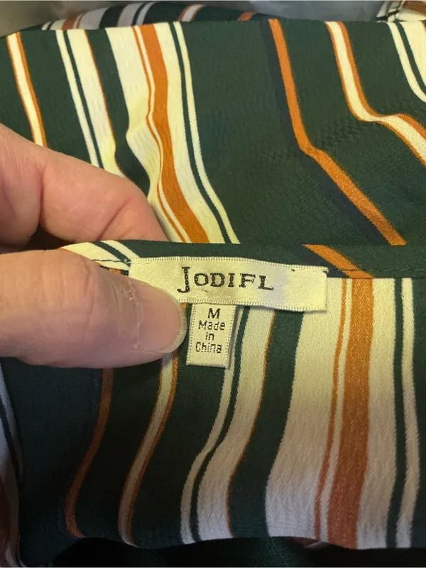 Jodifl Striped Faux Wrap Ruffle Midi Dress Size Medium Green Rust Boho - Image 2