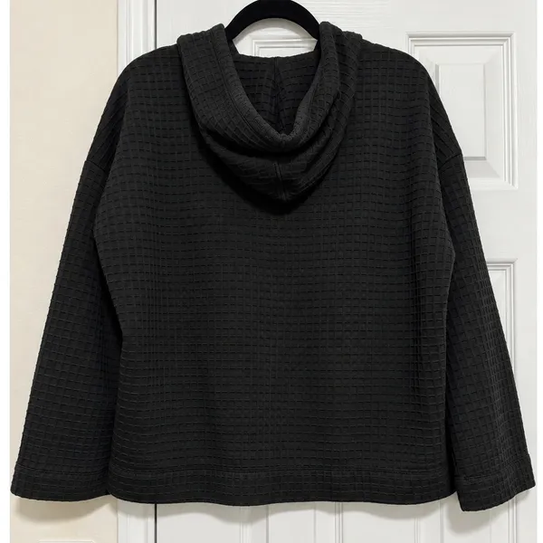 Max Studio London Black Waffle Knit Hooded Pullover Top Kangaroo Pocket Small - Image 4