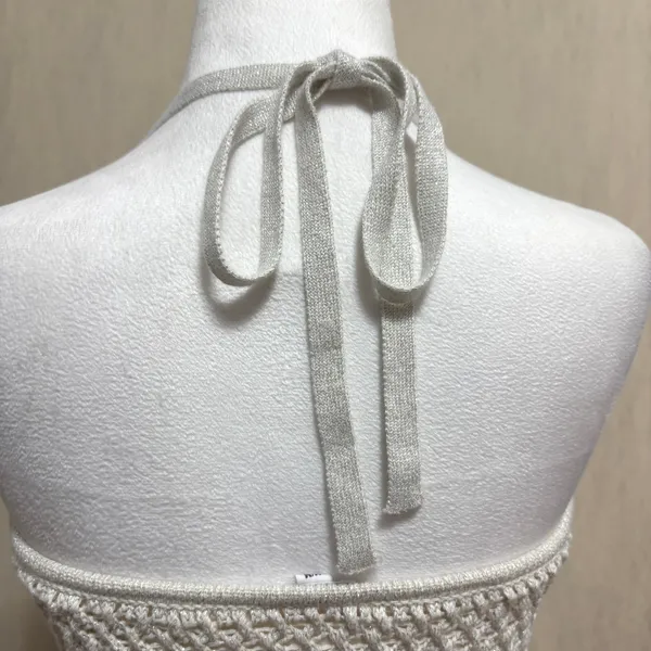 Garage Halter Top Cream Silver Metallic Crochet Open Knit Y2K Boho Festival M - Image 6