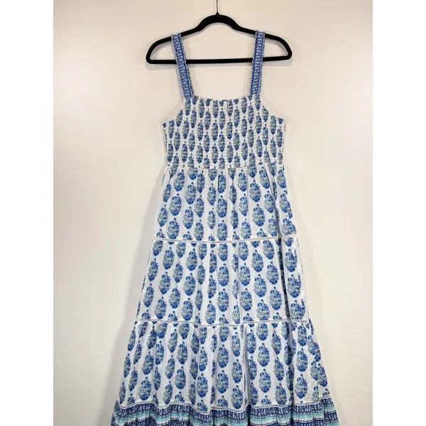 Playa Lucila Maxi Dress Blue Smock Border Tiered Sleeveless Sundress Boho Large - Image 9