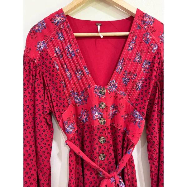 Free People Red Floral Mini Dress Long Sleeve Button Down V-Neck Boho Small - Image 3