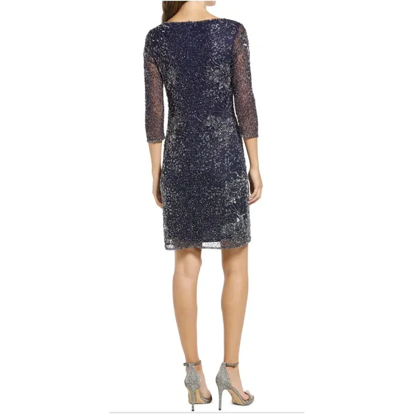 Pisarro Nights Navy Beaded V-neck Cocktail Dress Size 8 $238 MSRP - Image 2