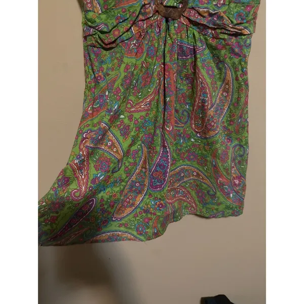 100% Cotton Paisley Mini Dress Green Boho V-Neck Wooden Ring Womens M western‎ - Image 5