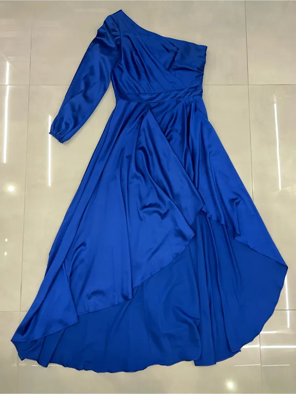 IEENA MAC DUGGAL Dark Blue Long Sleeve One Shoulder Satin High Low A-line Gown - Image 5