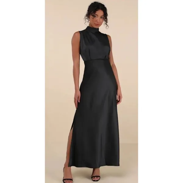 Lulus Classic Elegance Black Satin Sleeveless Mock Neck Maxi Dress L - Image 3