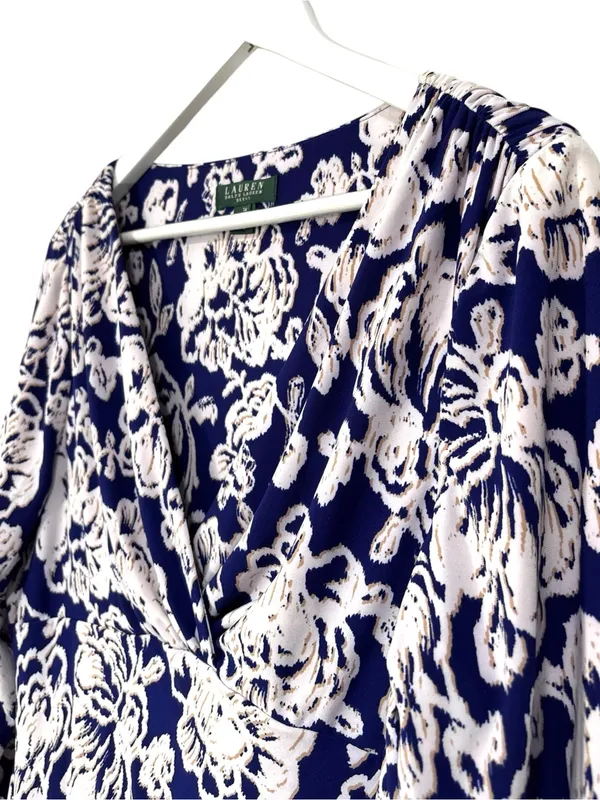 Lauren Ralph Lauren Blue White Floral Print Faux Wrap Dress Size 14 women’s - Image 3