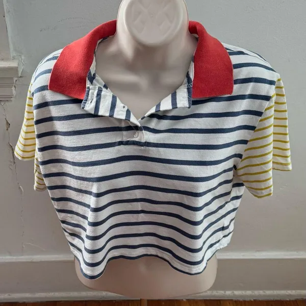 Wild Fable Striped colorblock cotton preppy cropped Polo with Red Collar, size S - Image 5