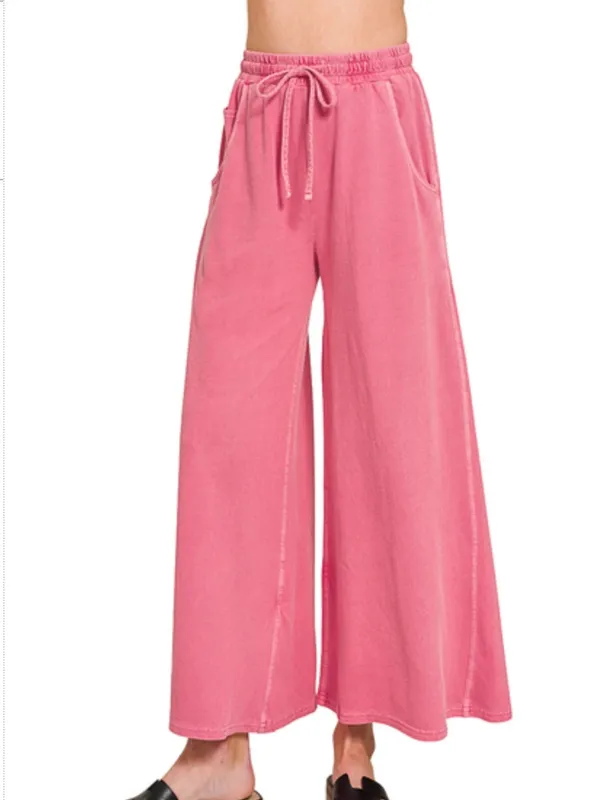 NEW Fuchsia Pink Cotton French Terry Pigment Dye Wide Leg Pants Large - Image 3