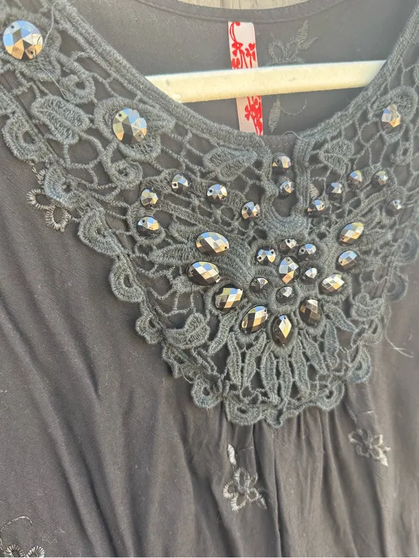 Boho Embroidered Black Women's Top with Lace Neckline - Image 3