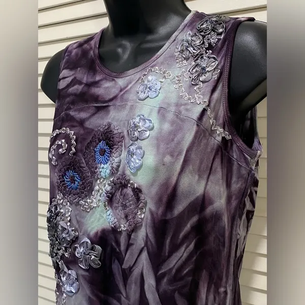 Trixie Tie Dye Purple/Teal Sleeveless Blouse‎ Beads Ribbon Embroidery Size M NWT - Image 3