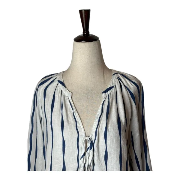 Rails Brielle Shirt Women Small White Blue‎ Wavy Stripe Linen Blend Tie Neck Top - Image 4