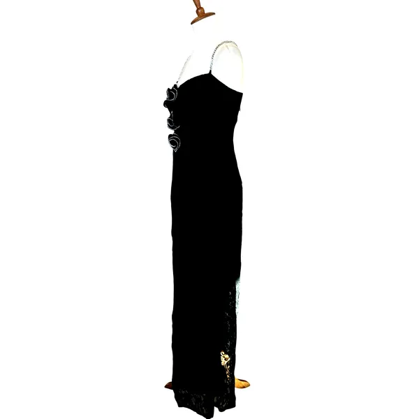 Lovers + Friends Black Lace Gown MEDIUM Maxi Dress Rhinestone Rosette $300 NEW - Image 6