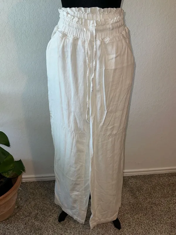 Happily Grey White Paperbag Waist Drawstring Wide-Leg Linen-Blend Pants - Image 7