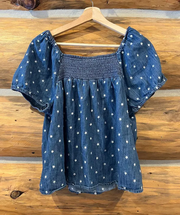 Old Navy Smocked-Yoke Floral-Embroidered Chambray Top - Image 2