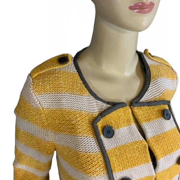Loft Mustard Yellow, Beige & Gray Striped Cotton Cardigan Sweater (M) - Image 7