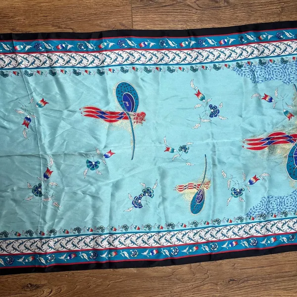 VTG Tilla 100% Silk floral Scarf shawl blue red made in Turkey 58x20 boho luxury - Image 4