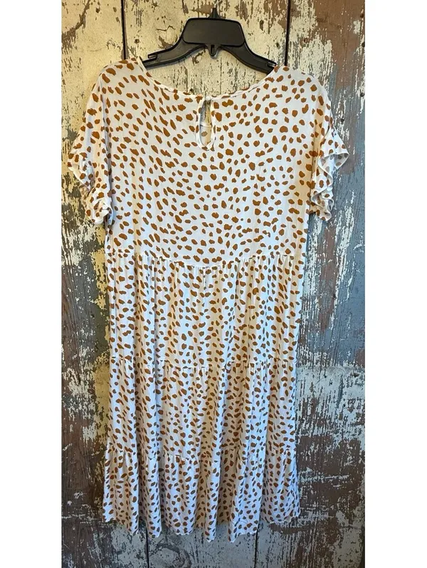 Women’s short sleeve ruffle spotted print dress size small tan and white - Image 5