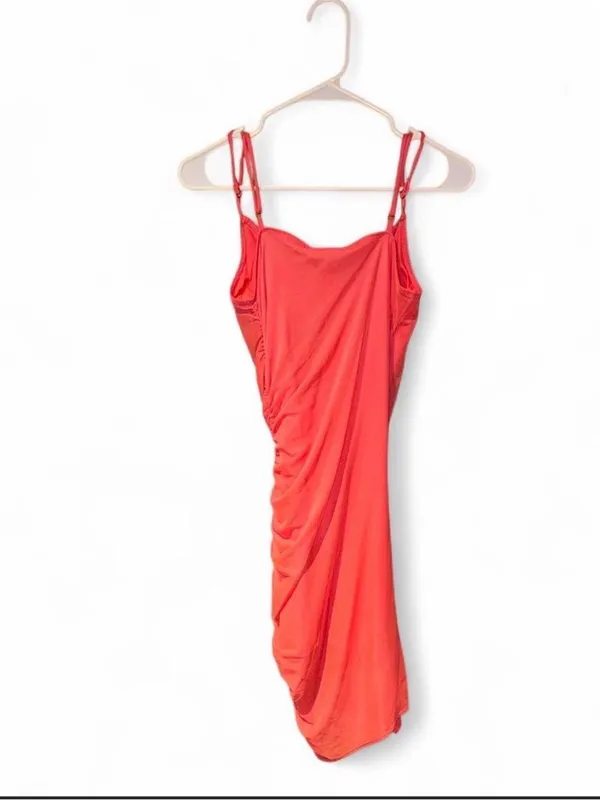 Bebe Coral Ruched Power Mesh Bodycon Mini Dress Size M Made in USA - Image 6