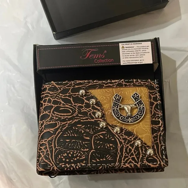 Tems Handcrafted Western Fashion Bi Fold Wallet Studded Vegan Leather Boxed - Image 2