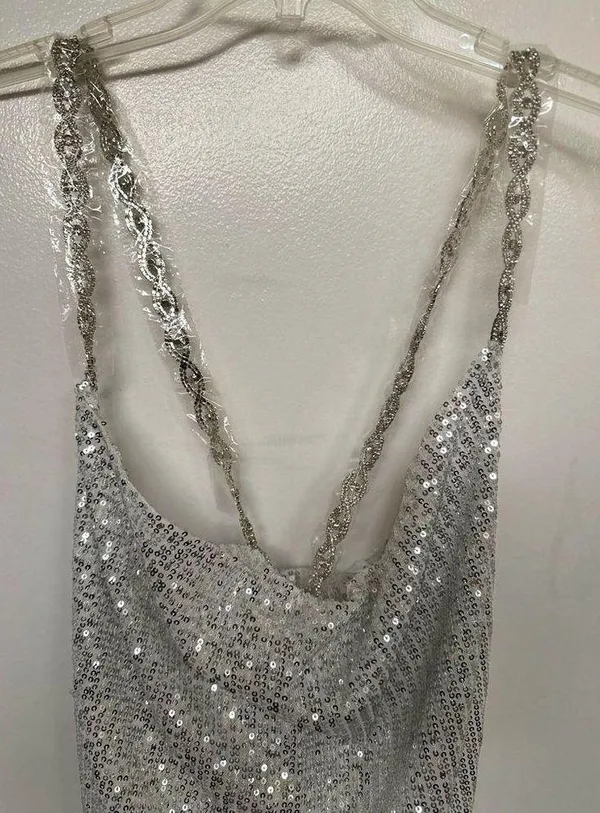 NWT Lulu's Famous Behavior Silver Sequin Cowl Neck Mini Dress Large New - Image 11