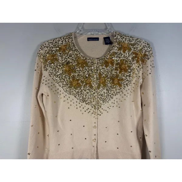 Moda International Cardigan Womens M Beige Silk Sequin Beaded Star - Image 6