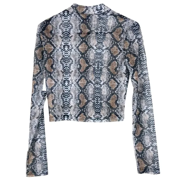 NWT Womens Y2K Mesh Snakeskin Crop Top Brown Mock Neck Sheer Long Sleeve Size L - Image 5