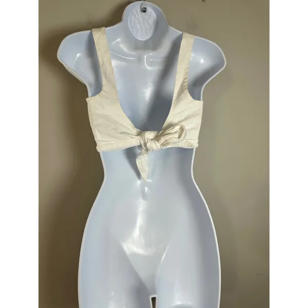 4th Reckless Cream Square Neck Tie Back Crop Top Linen‎ Blend Women's S - Image 3