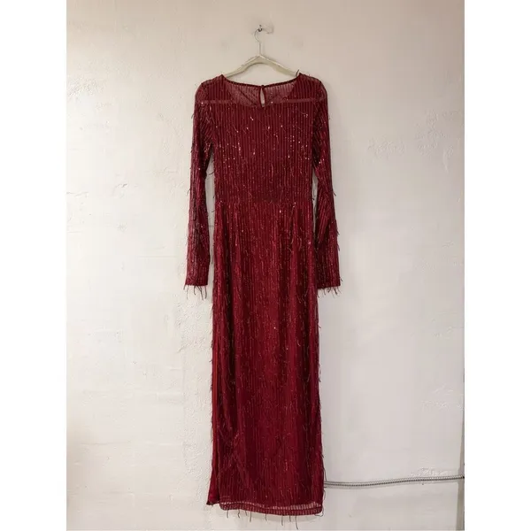 Lulu’s Sheer Fascination Sheer Mesh Sequin Fringe Maxi Dress in Burgundy Red Lar - Image 3