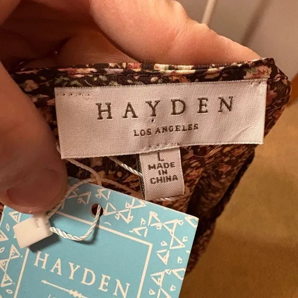 Hayden Los Angeles Brown‎ floral tie neck babydoll top NEW size L - Image 6
