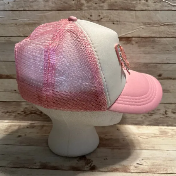 Bow Trucker Hat Pink White Coquette Blingy Mesh One-Size Snap Back Girly Cap - Image 2