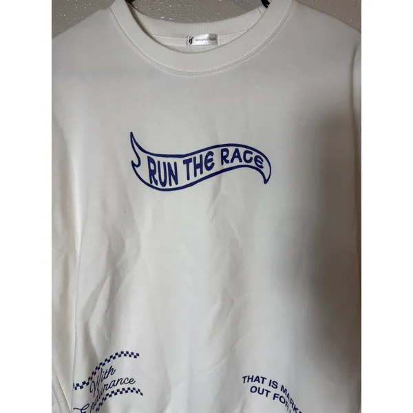 Elevated Faith Run Race‎ Graphic Crewneck Sweatshirt White Hebrews12:1 Size XS - Image 3