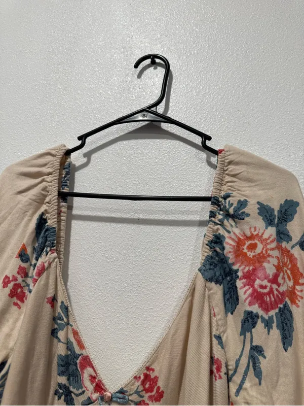 Free People Francesca Mini Dress L Cream Floral Balloon Sleeve Boho - Image 7