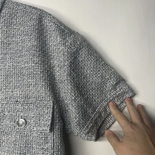 LOFT Womens Large Gray Tweed Cropped Jacket Short Sleeve Button Front - Image 6