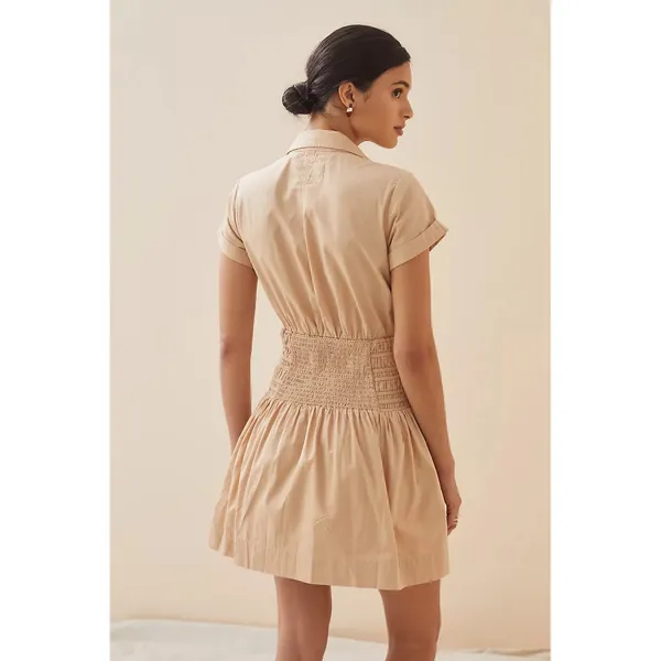 Anthropologie Smocked‎ Surplice Mini Dress Sand Size Large Cotton Summer - Image 5
