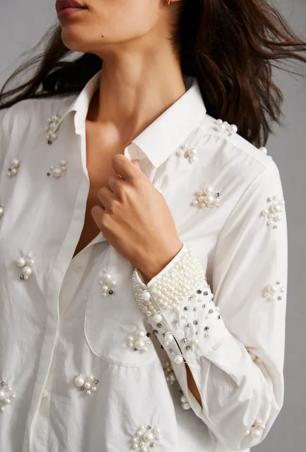 Anthropologie Maeve Pearl Embellished Shirt - Image 2