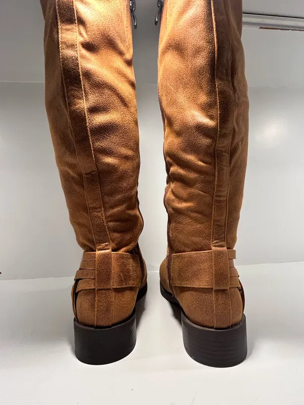 Women’s Brown Knee High Riding Boots Size 7 Side Zip Braided Strap Low Heel - Image 7