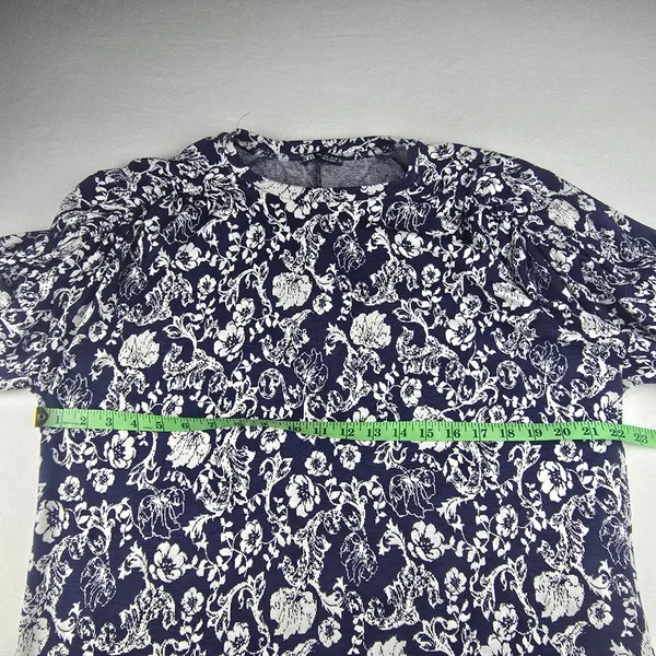 ZARA Floral Print Long‎ Sleeve Mini Dress Navy Blue White Puff Sleeve Large - Image 8