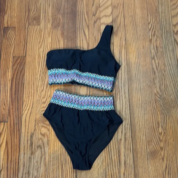 Paisley One Shoulder Woven Patchwork Black Bikini‎ Set size S NWT swimsuit - Image 3