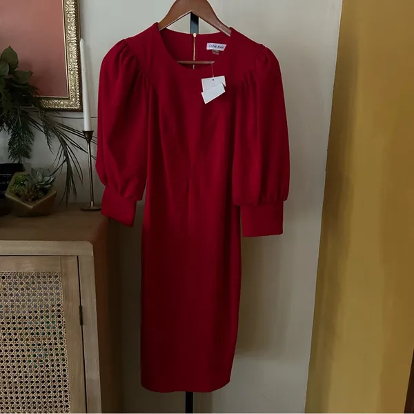 Calvin Klein Puff Sleeve Sheath Dress 3/4 Long‎ Sleeves Red NEW Size 2 - Image 3