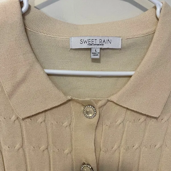 SWEET RAIN Womens Beige Cable Knit Collared Cropped Cardigan‎ Sweater Size L - Image 3