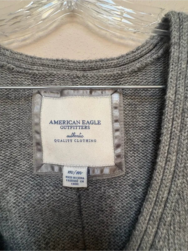 American Eagle Gray Cotton Wool Sweater Tank Cable Knit V Neck Medium - Image 3