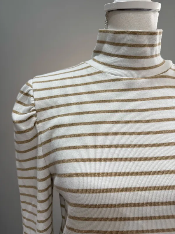 White/Tan J. Crew Puff Sleeve Ribbed Turtleneck Top Size L EUC - Image 3