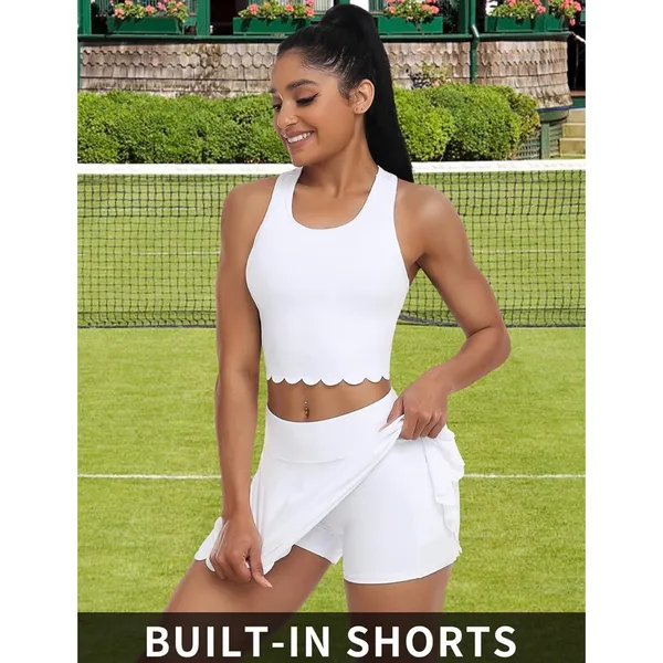 NWT Womens Tennis Skirt Set Built-In Shorts Scalloped Active Set White XS - Image 3