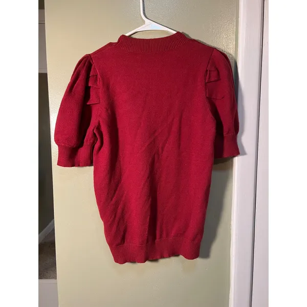 Women's Sz Small Short Puff Sleeve Sweater Crewneck Burgundy Red Viscose Stretch - Image 5